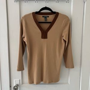 Lauren by Ralph Lauren Long Sleeve Top, Tan with Brown Suede Collar